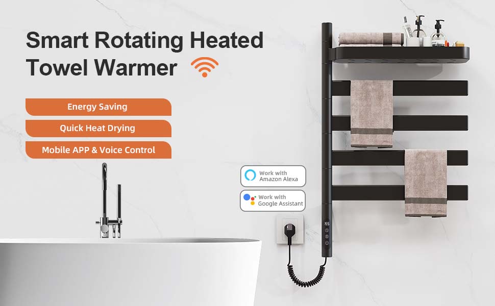 SIOYIE Smart Rotating Heated Towel Rack For Bathroom, Wall-Mounted Electric Towel Dryer With Swivel Bars & Shelf, Smart Timer, Low Carbon Steel, Plug-in/Hardwired, Towel Warmer With Wi-Fi App Control_voghion.com
